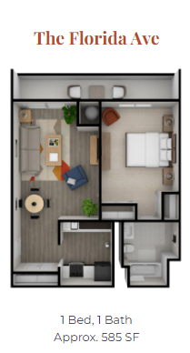 Floor plan for 1 bed, 1 bath, 585 sqft